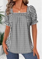 Black Plaid Short Sleeve Square Neck Blouse