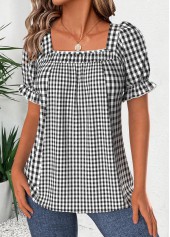 Black Plaid Short Sleeve Square Neck Blouse | thumb picture 