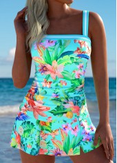High Waisted Tropical Plants Print Mint Green Tankini Set