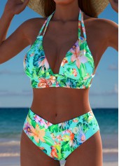 Mid Waisted Tropical Plants Print Mint Green Bikini Set | thumb picture 