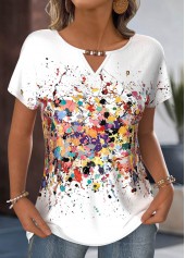 White Geometric Print Short Sleeve Round Neck T Shirt