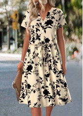 Light Camel Floral Print Short Sleeve Split Neck Dress