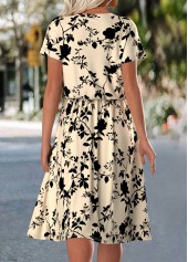Light Camel Floral Print Short Sleeve Split Neck Dress | thumb picture 