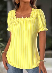 Yellow Striped Short Sleeve Square Neck Blouse | thumb picture 