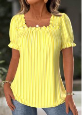 Yellow Striped Short Sleeve Square Neck Blouse