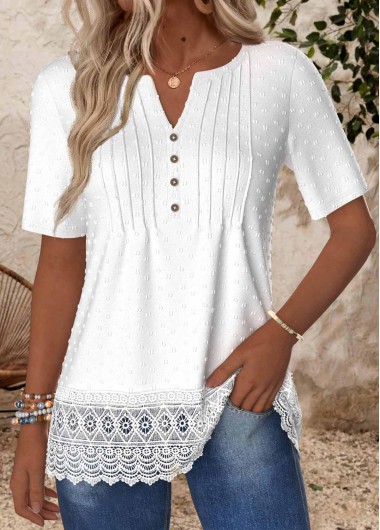 women clothes image of White Embroidery Short Sleeve Split Neck T Shirt