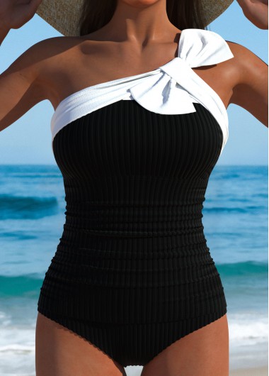 women clothes image of Contrast Binding Asymmetry Black Tankini Set