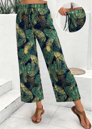 women clothes image of Turquoise Plants Print Wide Leg Elastic Waist Pants