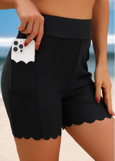 High Waisted Scalloped Hem Black Swim Shorts