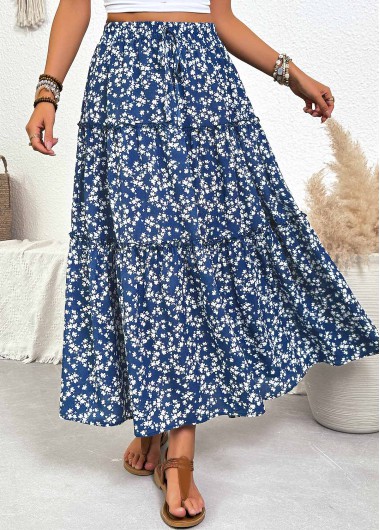 women clothes image of Blue Ditsy Floral Print A Line Elastic Waist Skirt