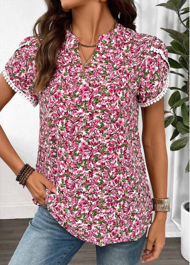 women clothes image of Hot Pink Floral Print Tummy Coverage Short Sleeve Blouse