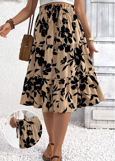 women clothes image of Light Camel Floral Print A Line Elastic Waist Skirt