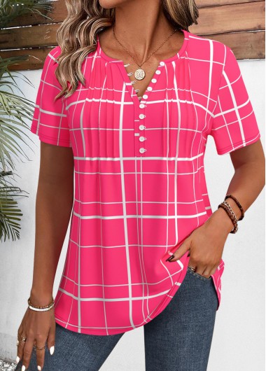women clothes image of Hot Pink Plaid Short Sleeve Split Neck Shirt