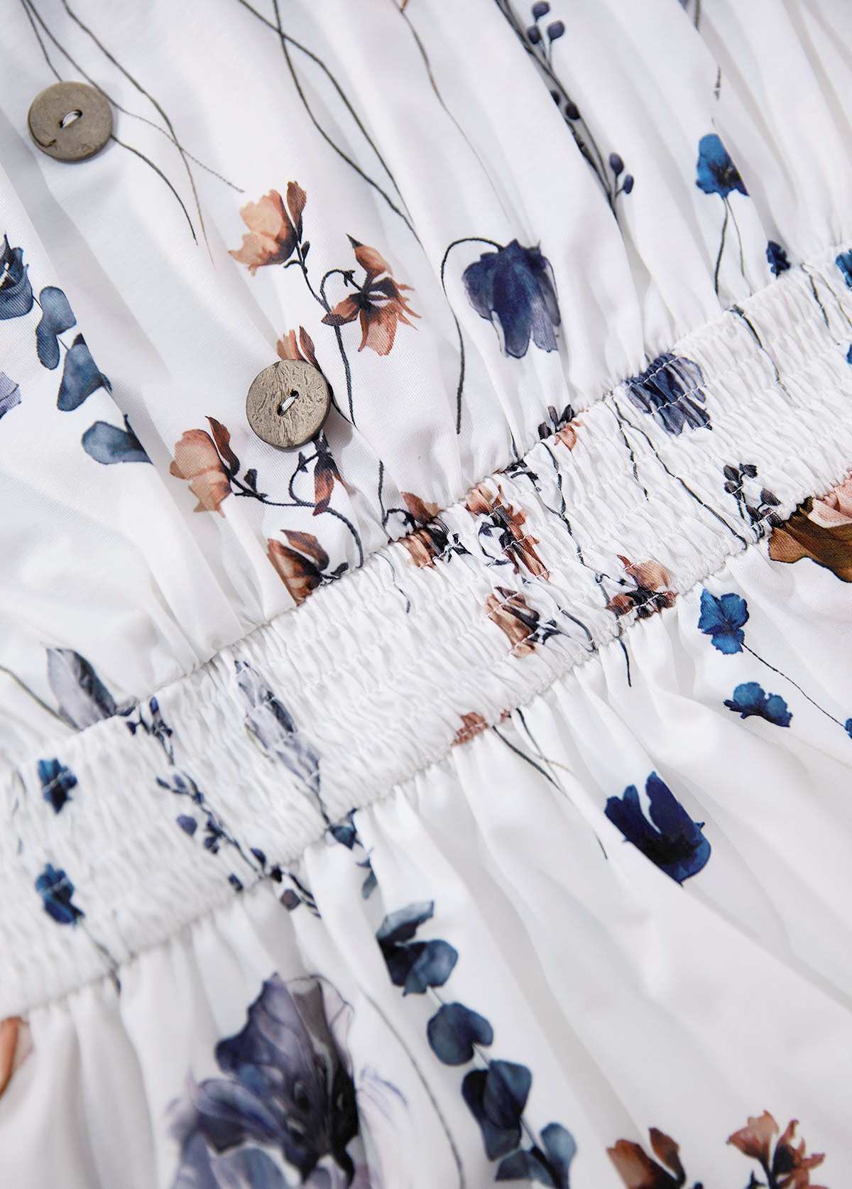 White Smocked Floral Print Short Sleeveless V Neck Dress | picture 