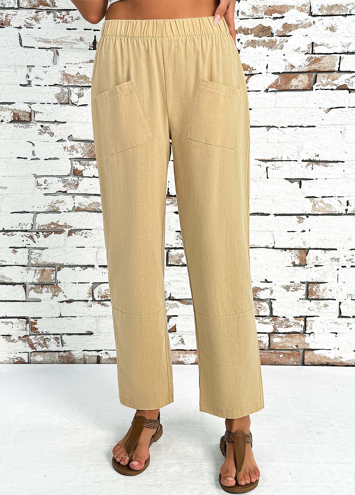 Light Camel Straight Leg Elastic Waist High Waisted Pants | picture 