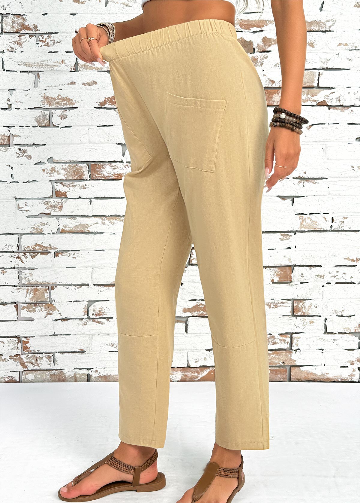 Light Camel Straight Leg Elastic Waist High Waisted Pants | picture 