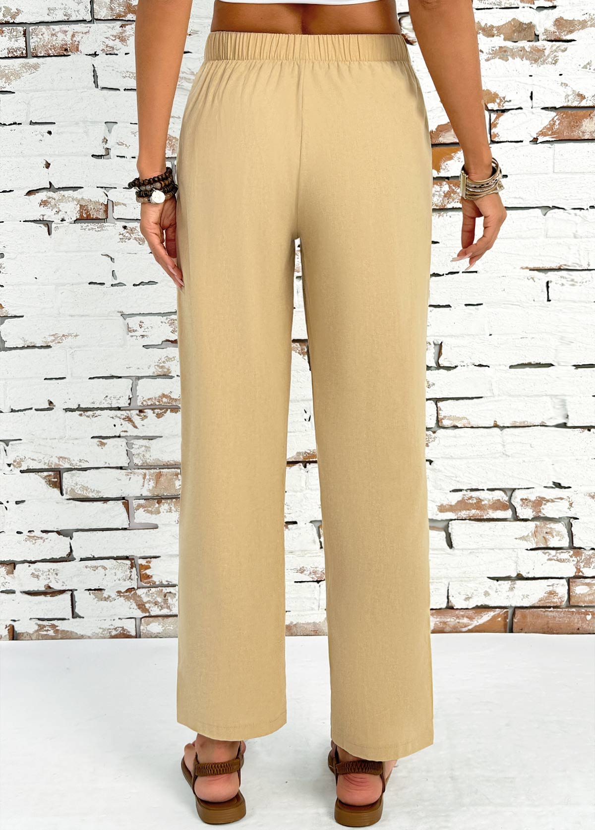 Light Camel Straight Leg Elastic Waist High Waisted Pants | picture 