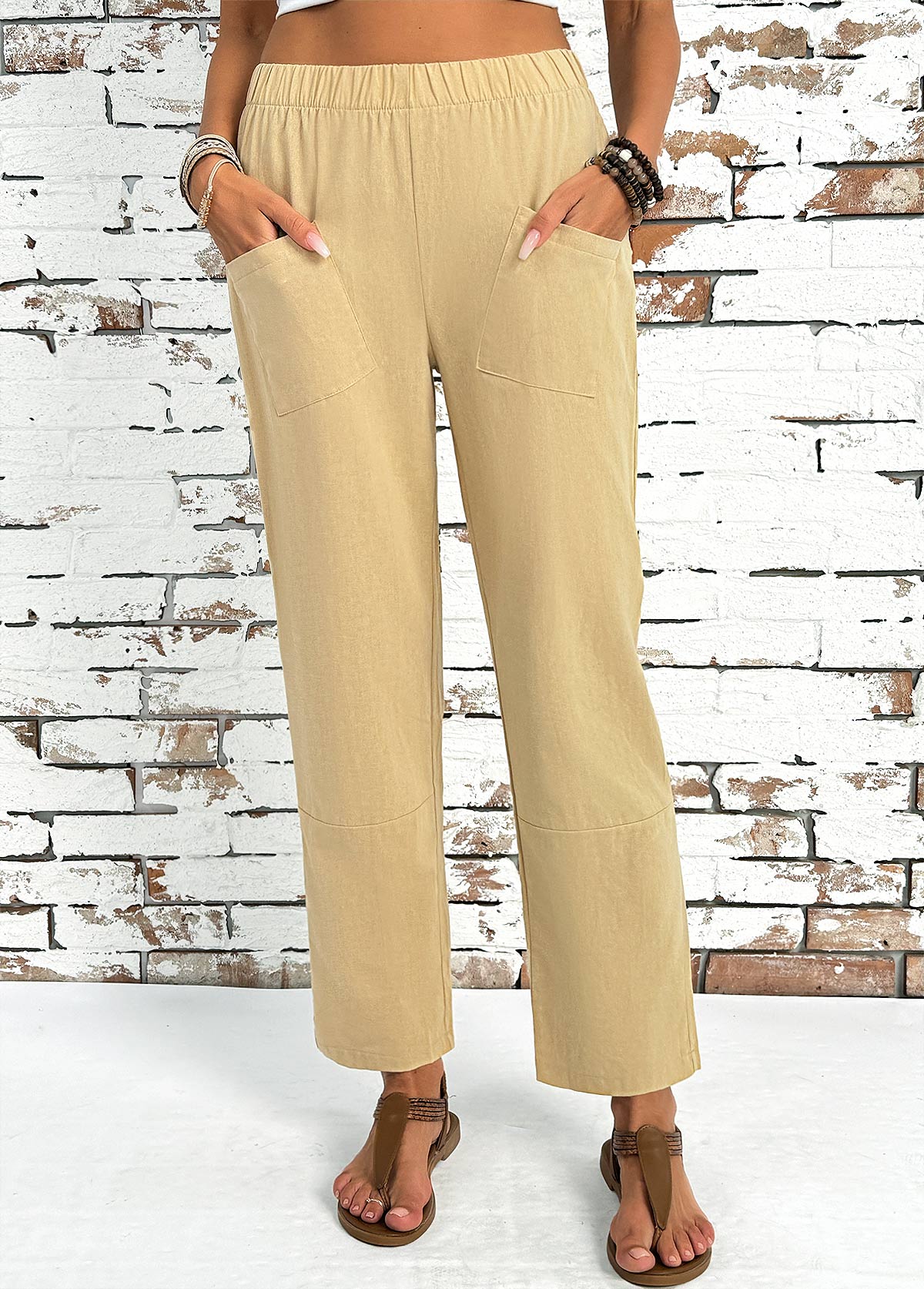 Light Camel Straight Leg Elastic Waist High Waisted Pants | picture 