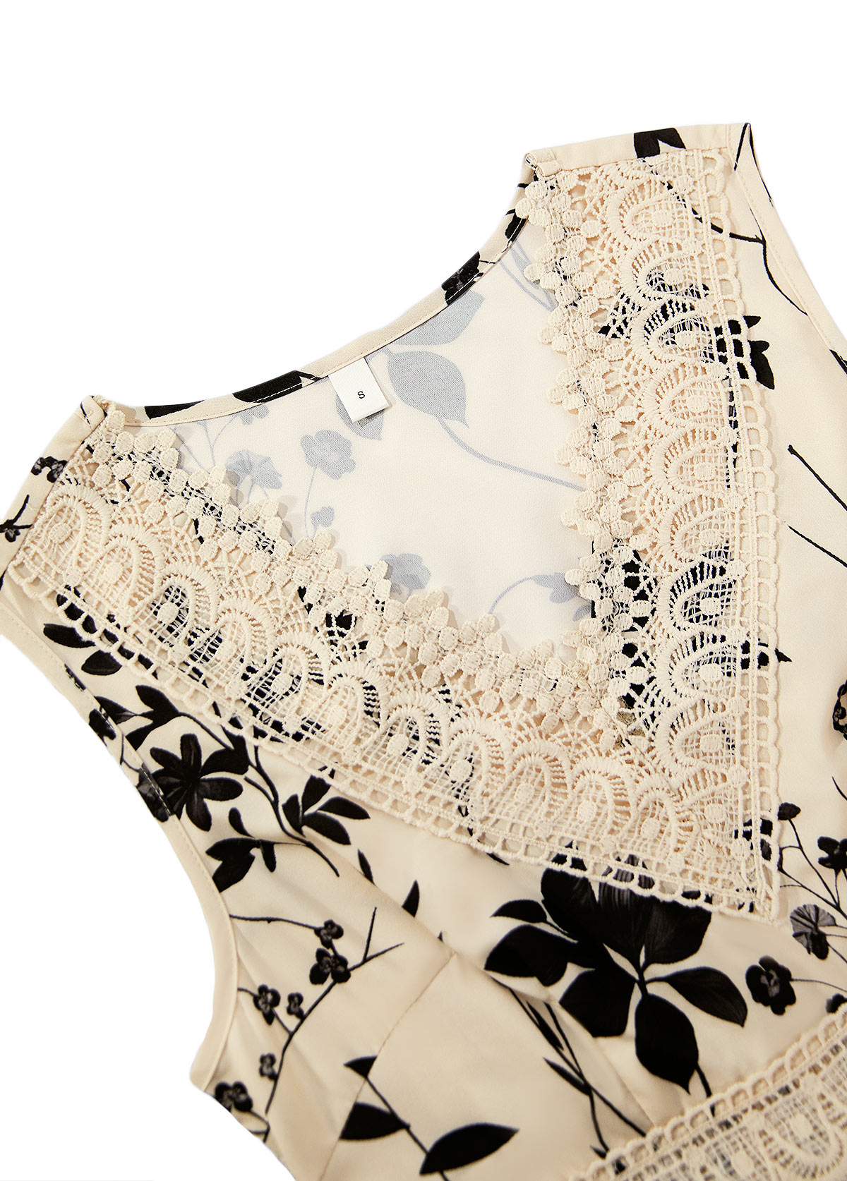 Beige Embroidery Floral Print Sleeveless V Neck Dress | picture 