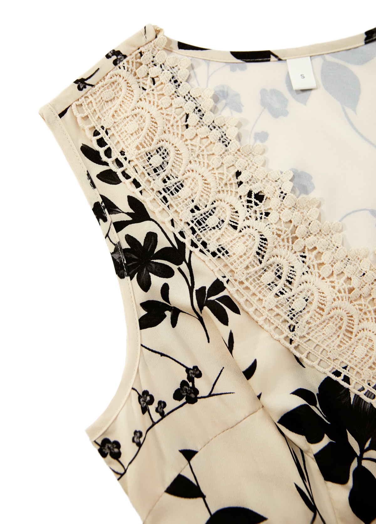 Beige Embroidery Floral Print Sleeveless V Neck Dress | picture 