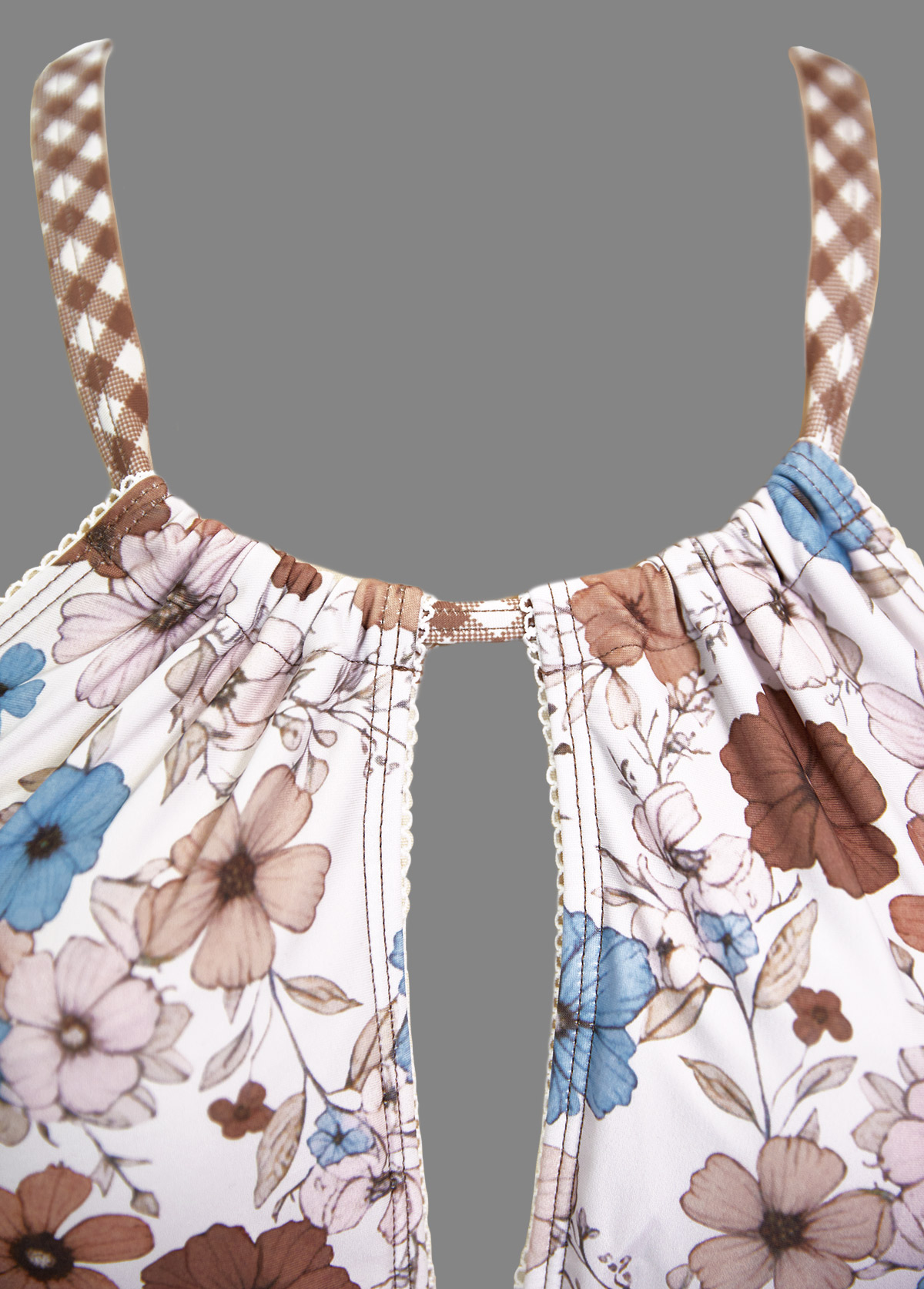 Ruched Mid Waisted Floral Print Light Coffee Tankini Set | picture 