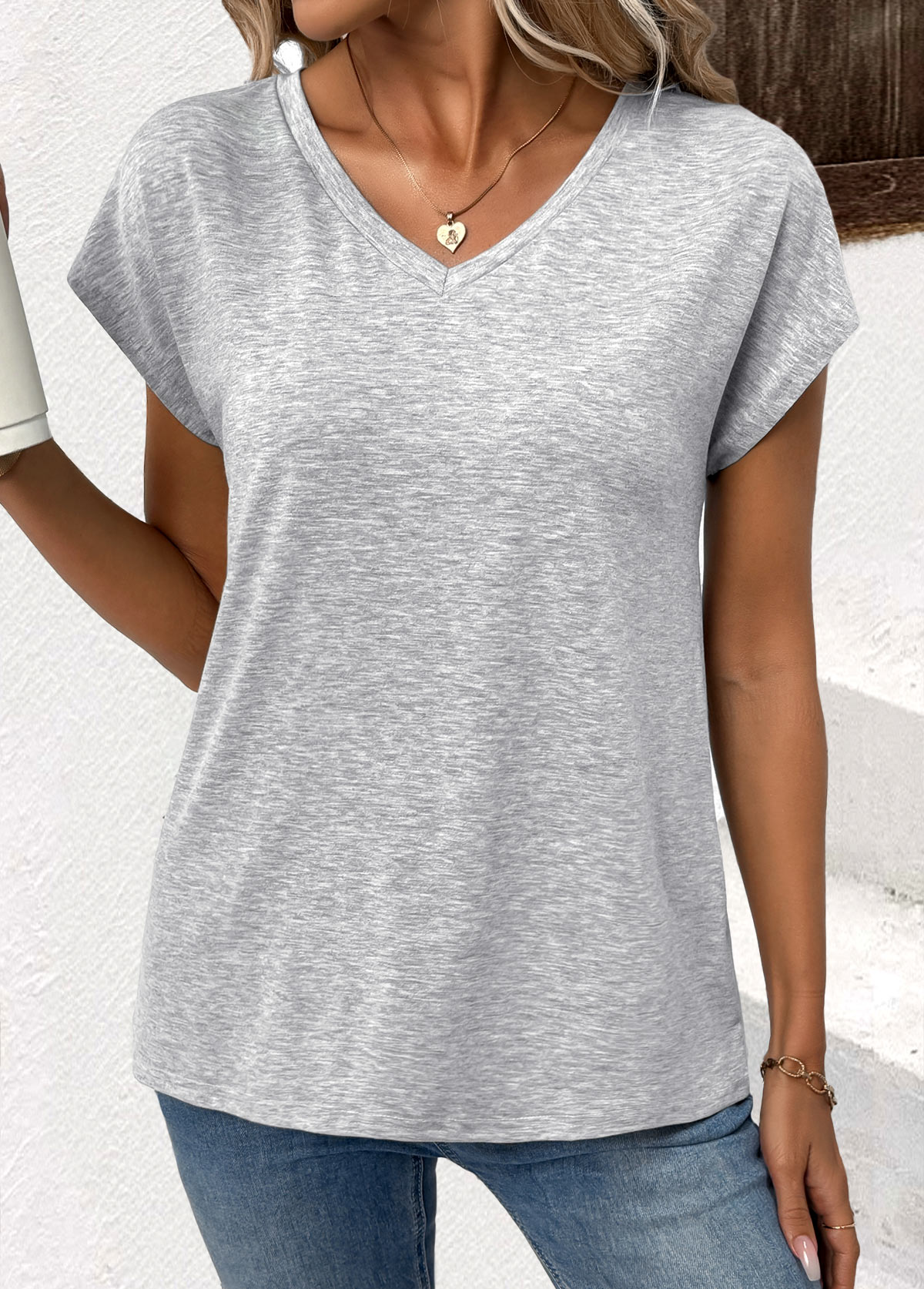 Light Grey Short Sleeve V Neck T Shirt | picture 