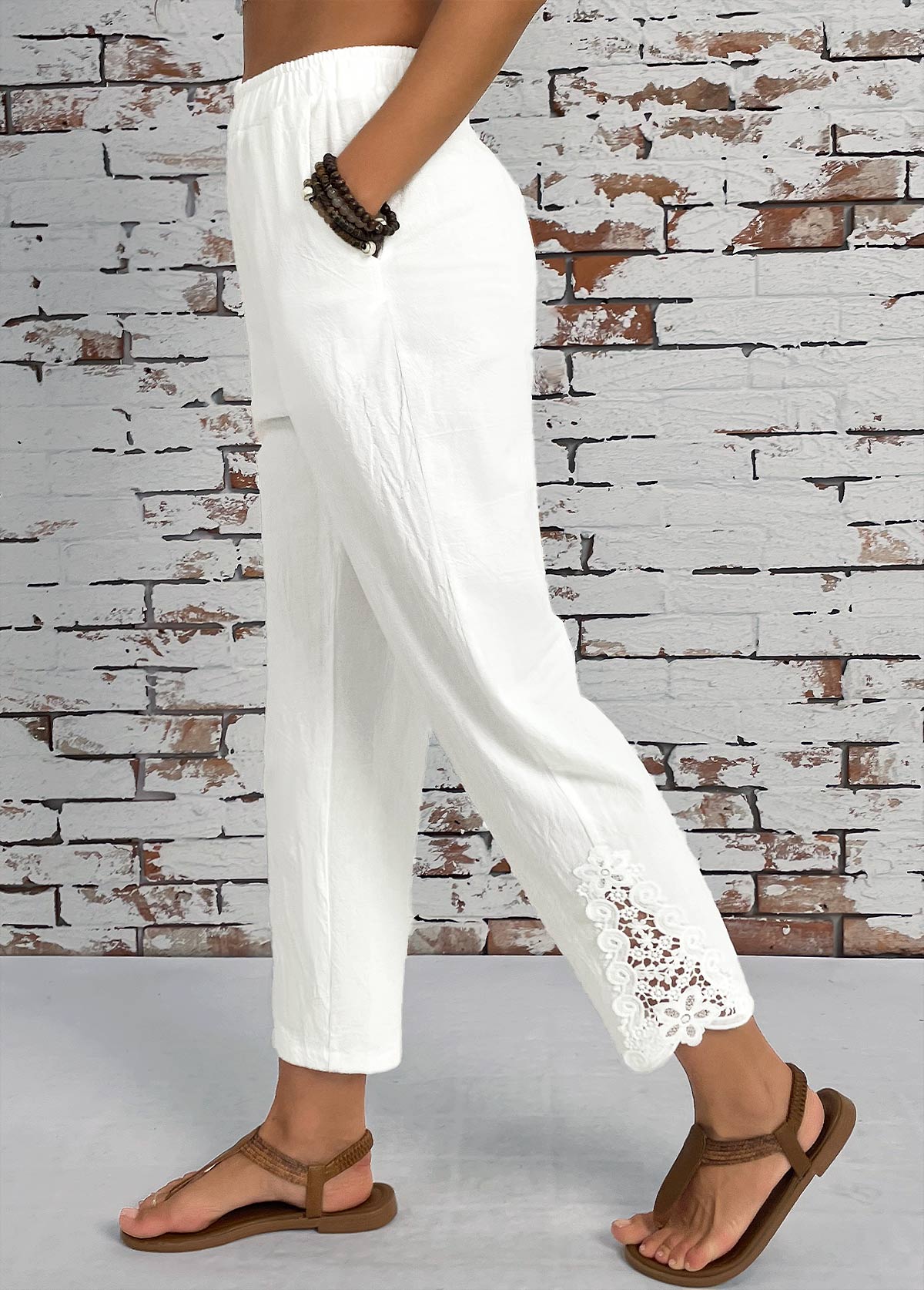 White Pocket Straight Leg Elastic Waist High Waisted Pants | picture 