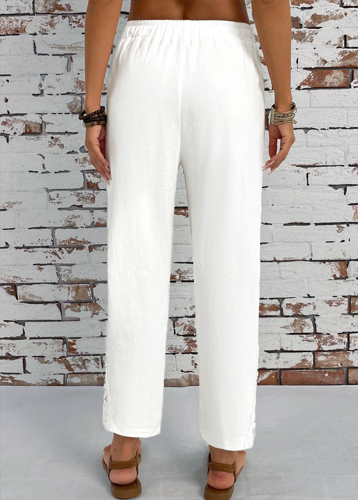 White Pocket Straight Leg Elastic Waist High Waisted Pants | picture 