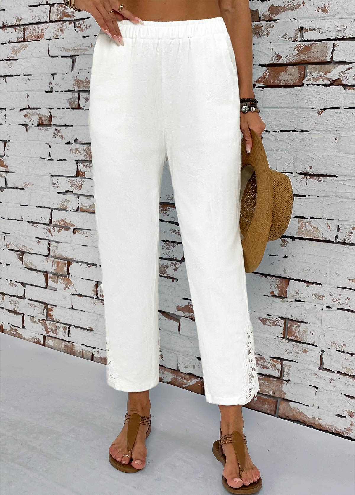 White Pocket Straight Leg Elastic Waist High Waisted Pants | picture 