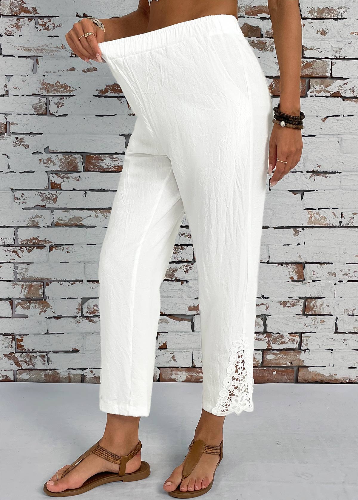 White Pocket Straight Leg Elastic Waist High Waisted Pants | picture 