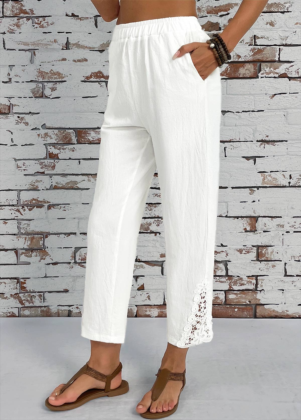 White Pocket Straight Leg Elastic Waist High Waisted Pants | picture 