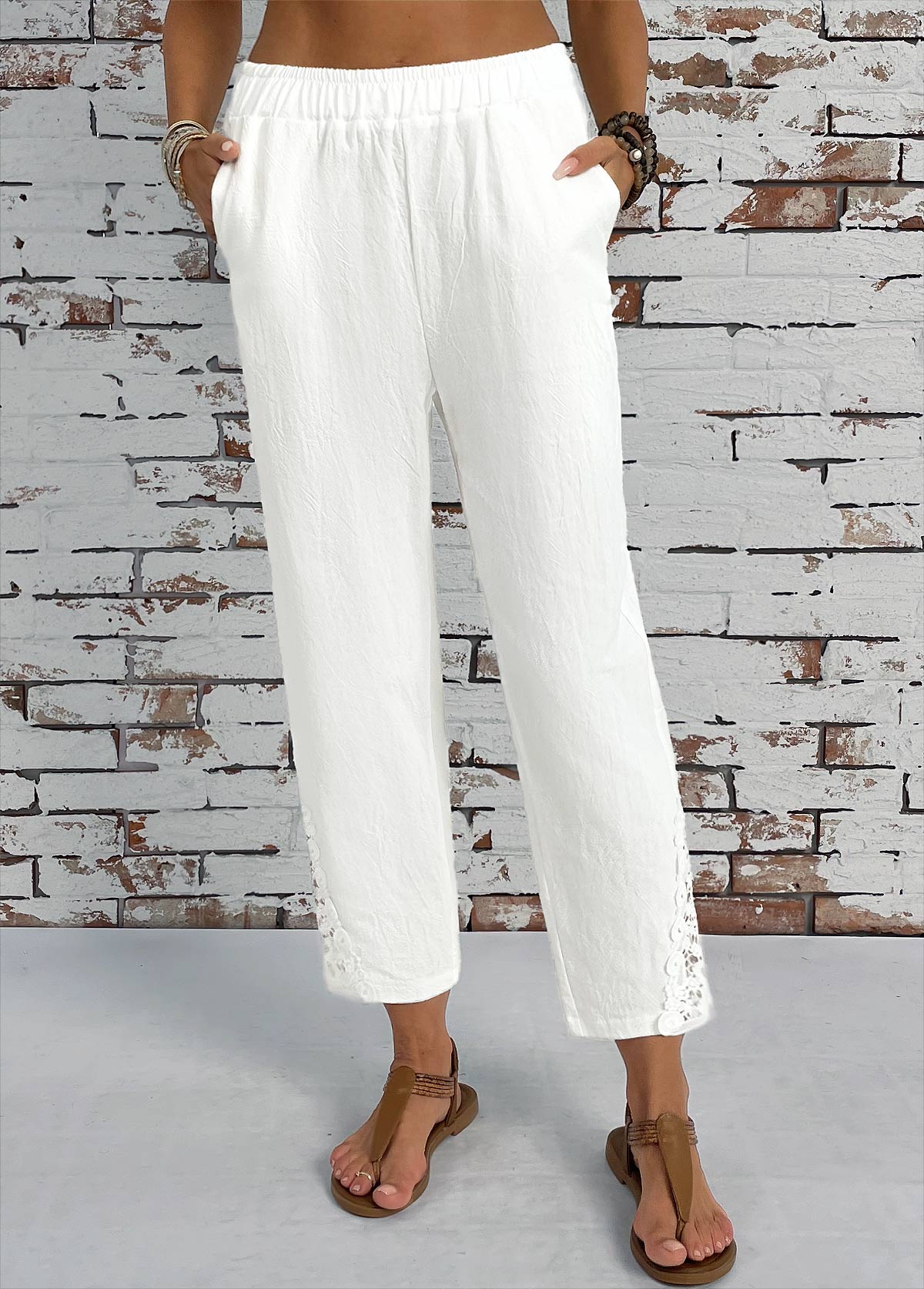 White Pocket Straight Leg Elastic Waist High Waisted Pants | picture 