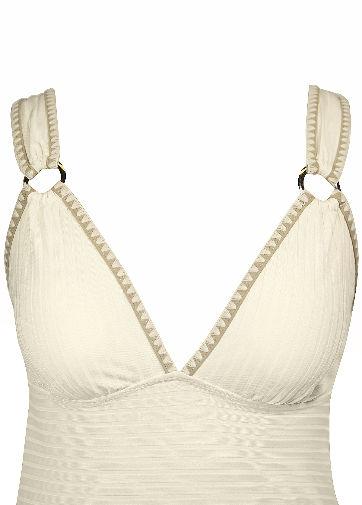 Ruched Mid Waisted Tropical Plants Print Beige Tankini Set | picture 