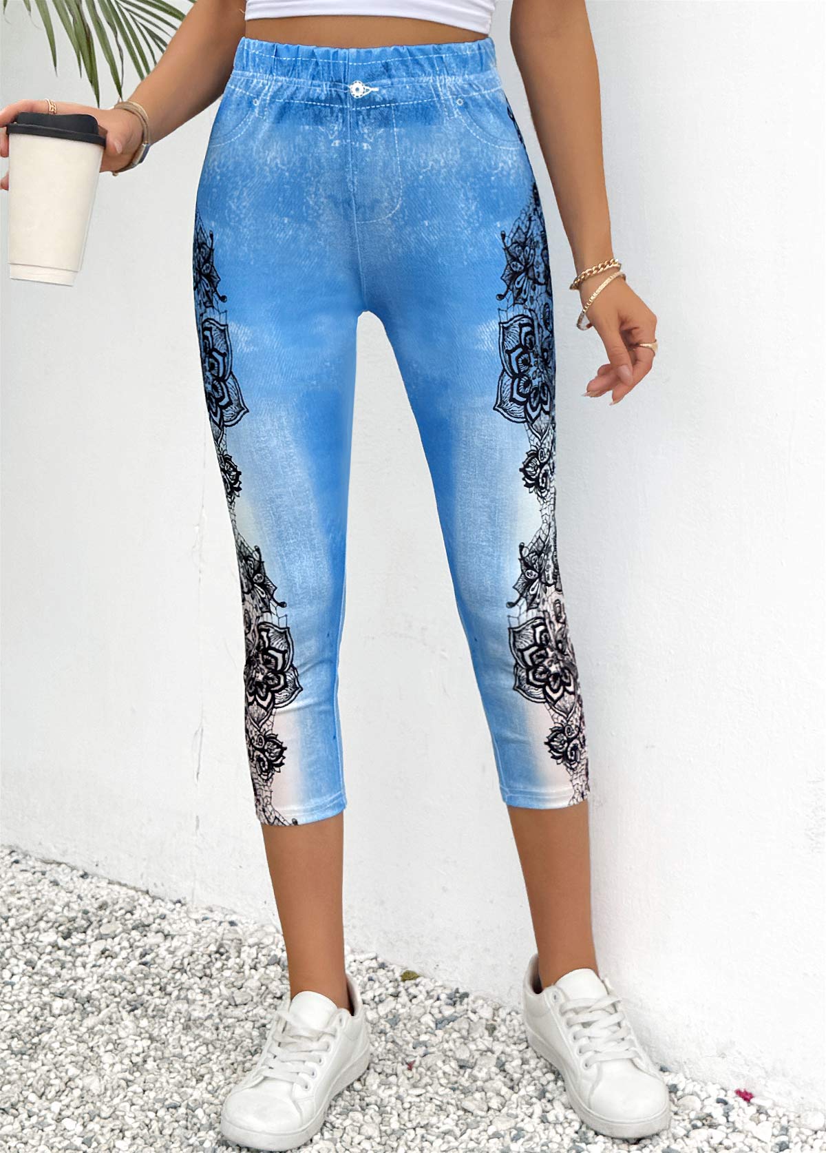 Light Blue Floral Print Skinny Elastic Waist Pants | picture 