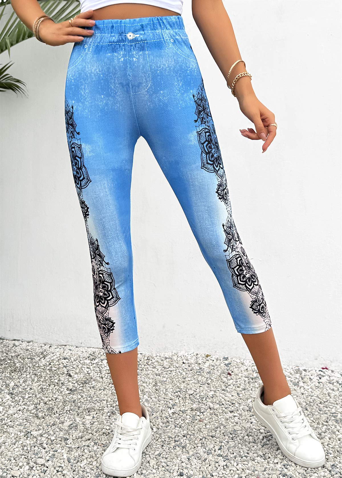 Light Blue Floral Print Skinny Elastic Waist Pants | picture 