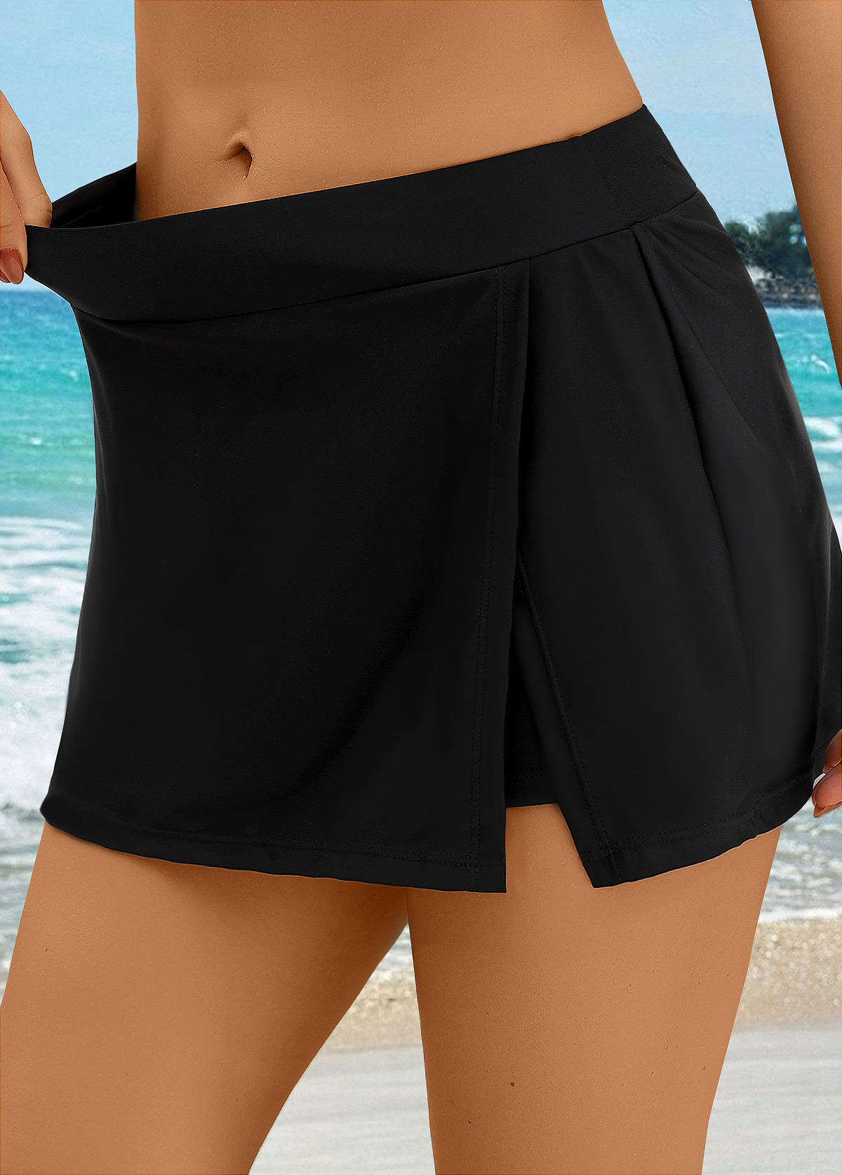 High Waisted Front Slit Hem Black Pantskirt | picture 