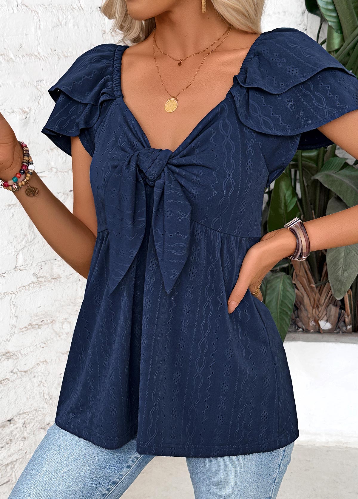 Navy Peplum Short Sleeve V Neck Blouse | picture 