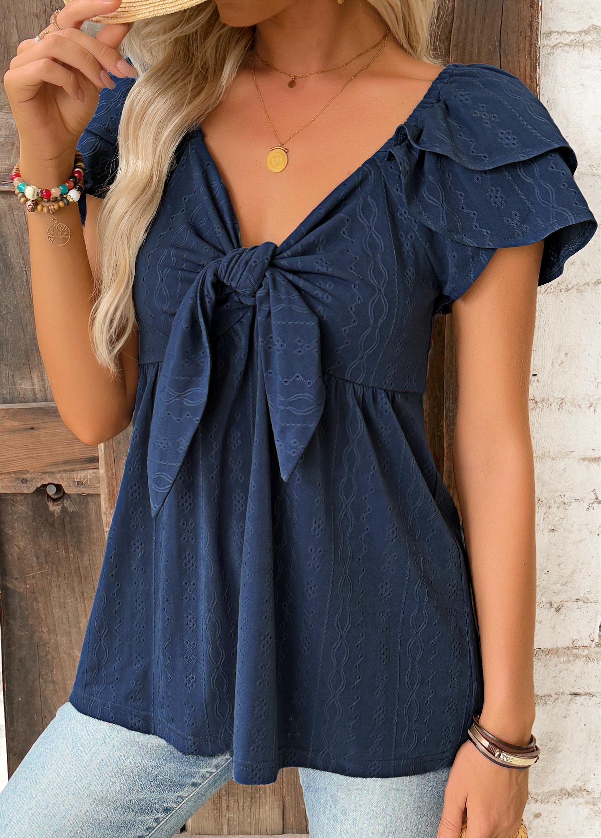 Navy Peplum Short Sleeve V Neck Blouse | picture 