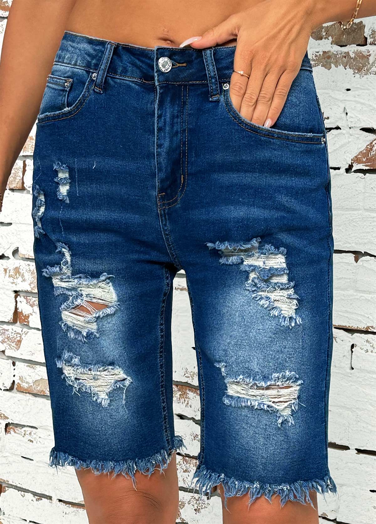 Denim Blue Button Fly High Waisted Shorts | picture 