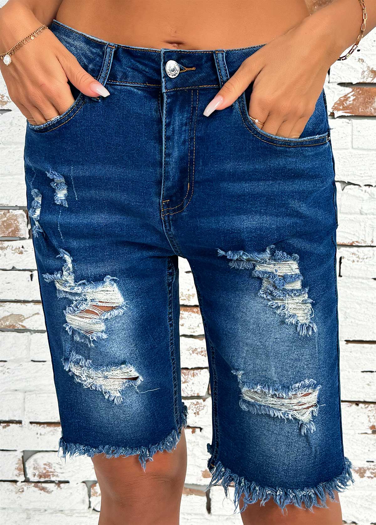 Denim Blue Button Fly High Waisted Shorts | picture 