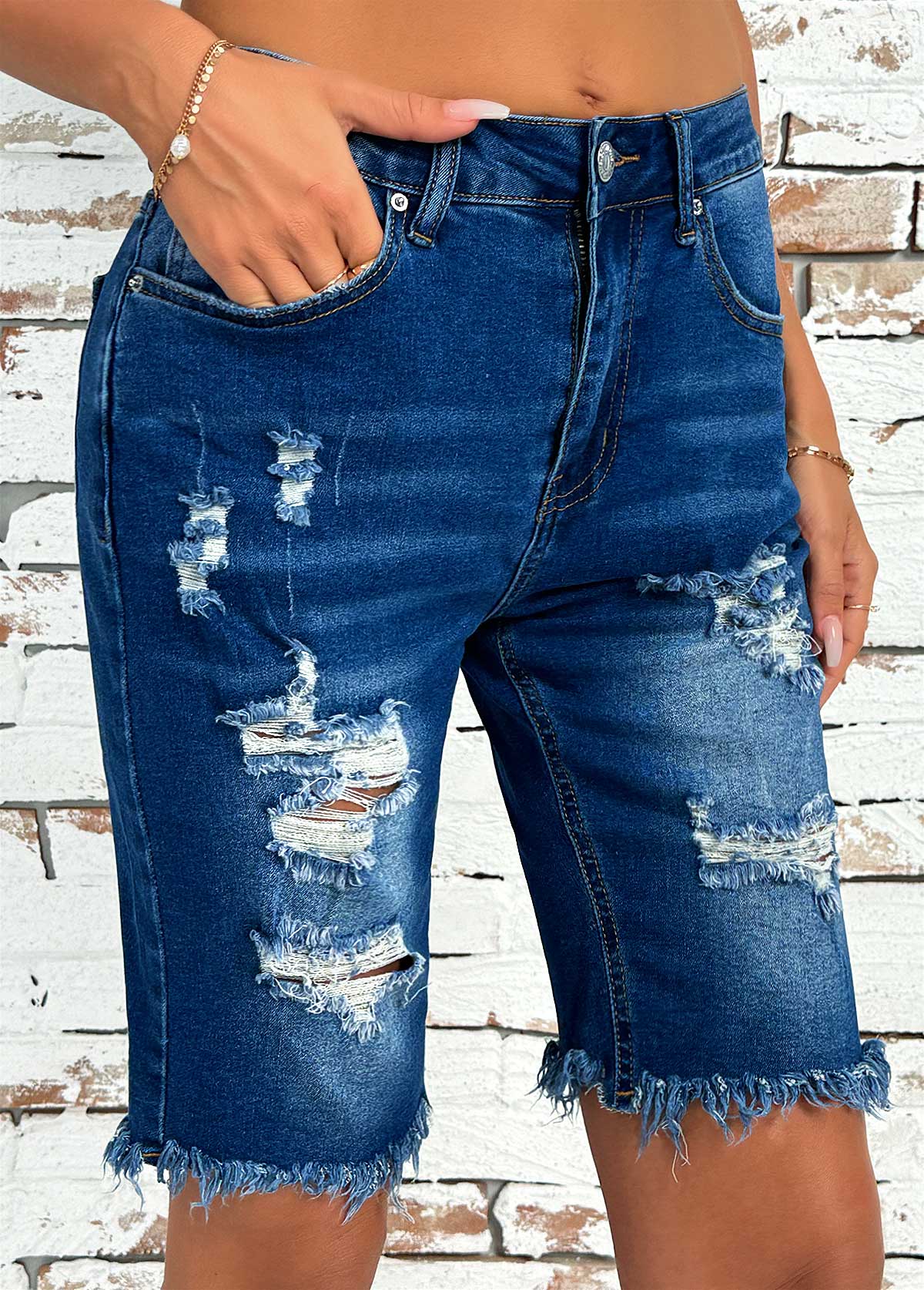 Denim Blue Button Fly High Waisted Shorts | picture 