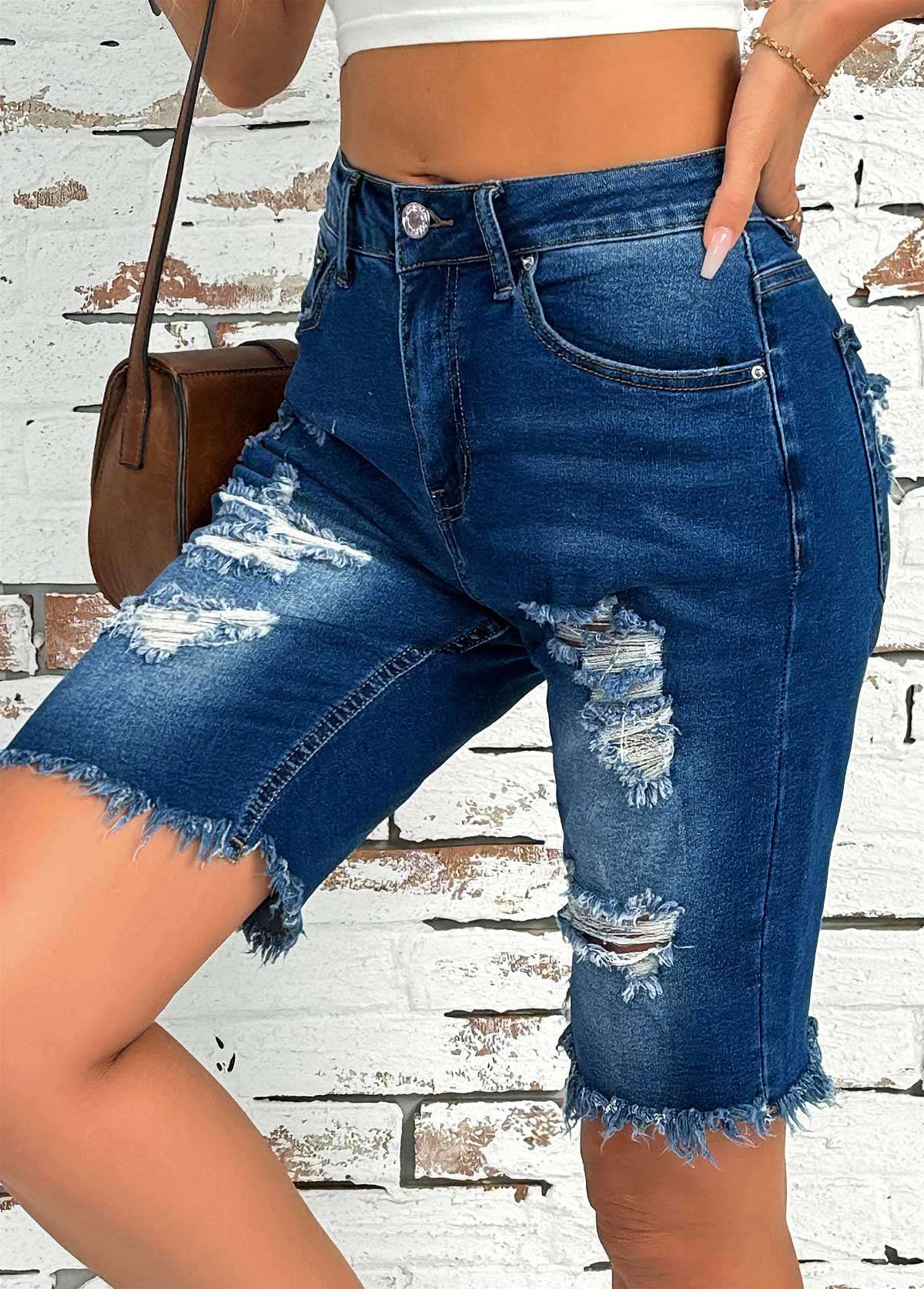 Denim Blue Button Fly High Waisted Shorts | picture 