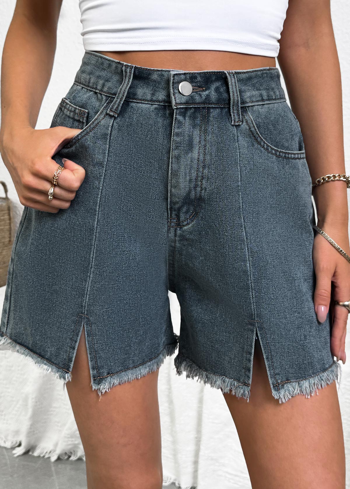 Denim Blue Button Fly High Waisted Shorts | picture 