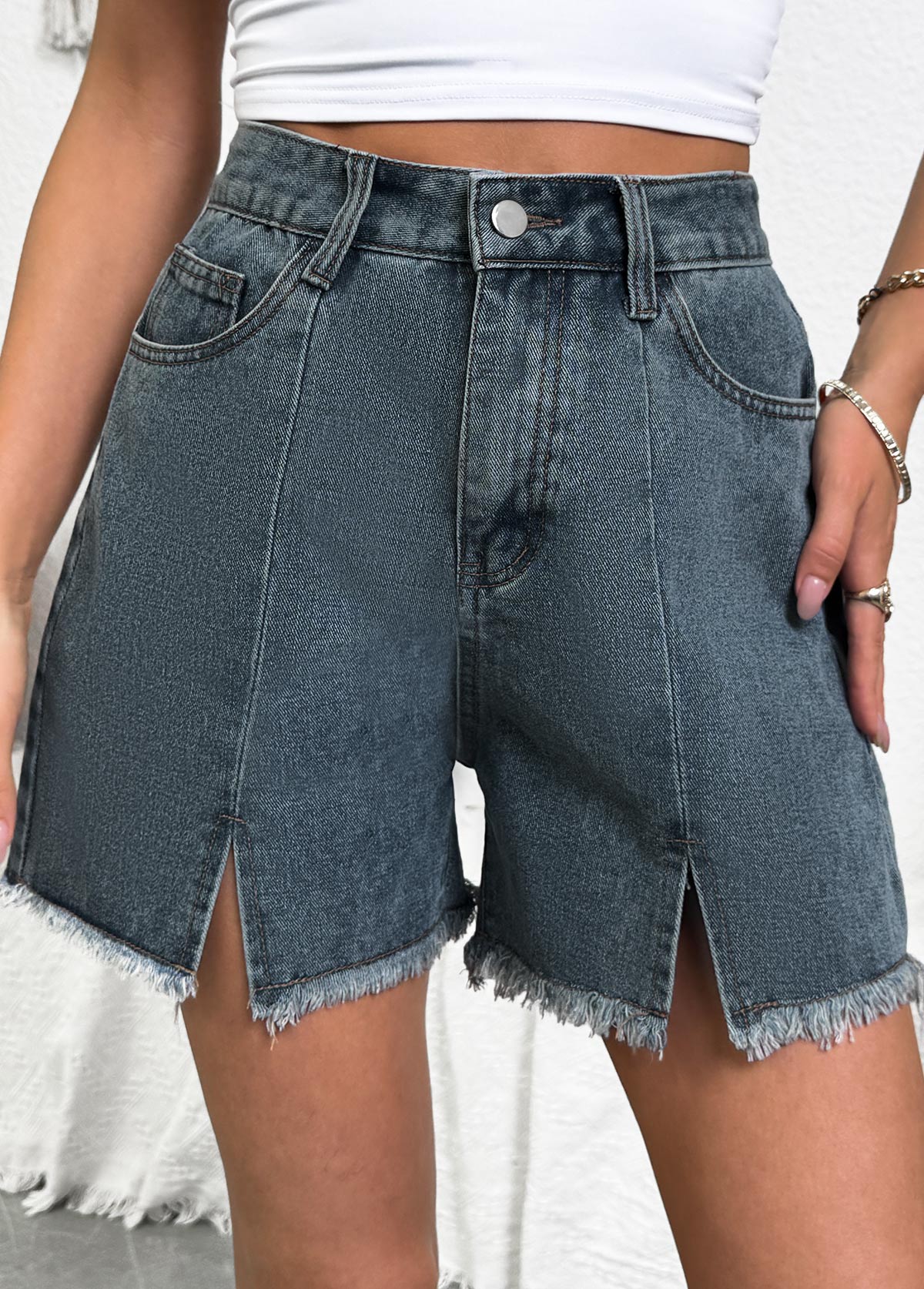 Denim Blue Button Fly High Waisted Shorts | picture 