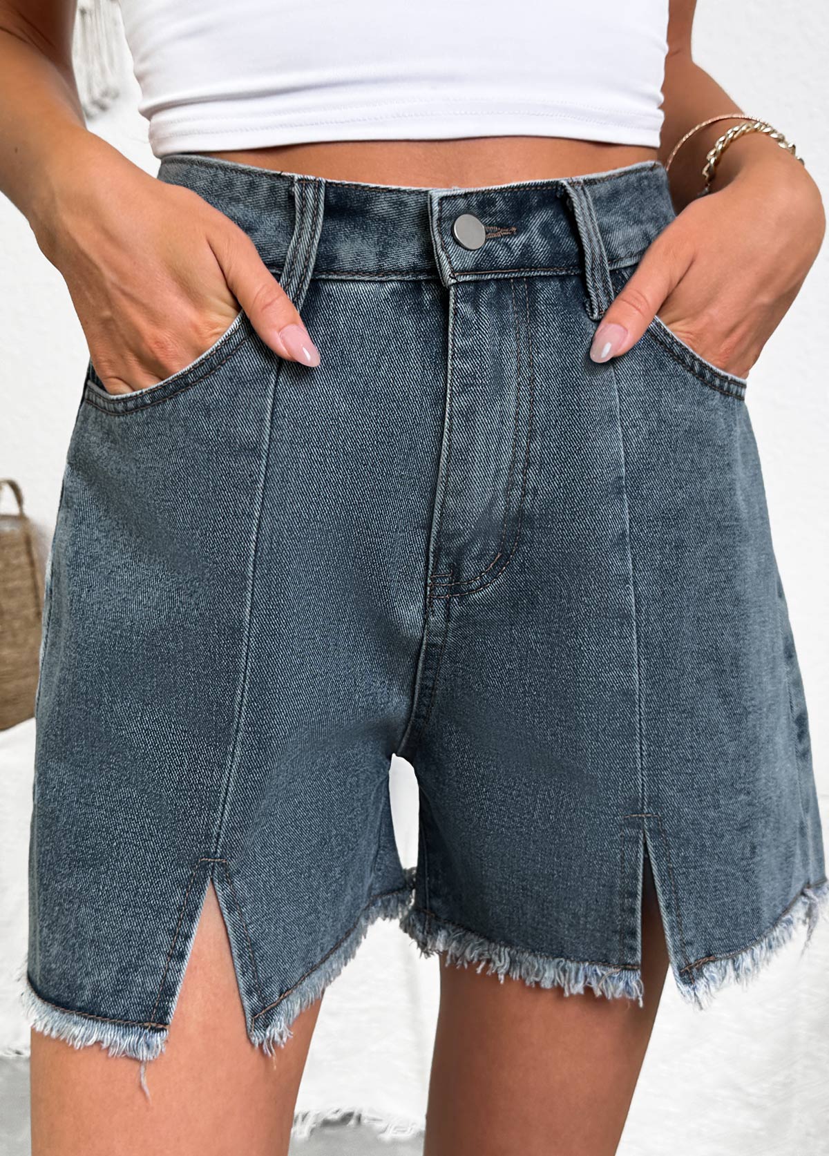Denim Blue Button Fly High Waisted Shorts | picture 