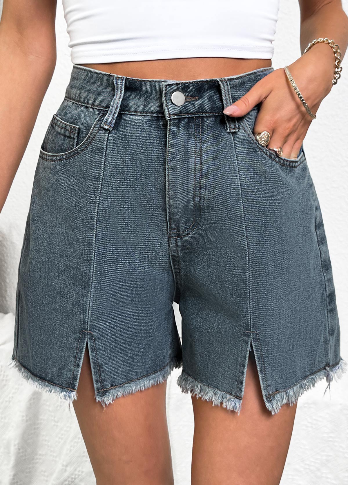 Denim Blue Button Fly High Waisted Shorts | picture 