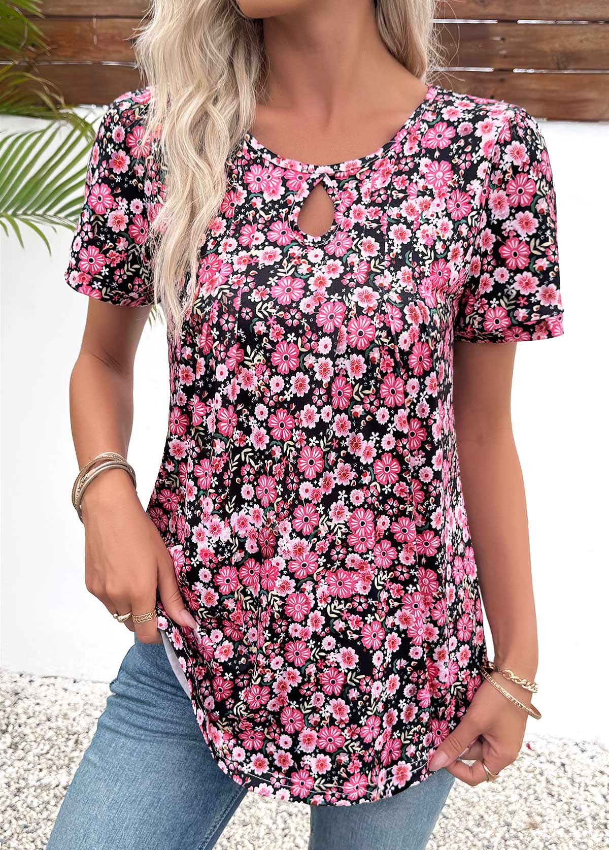 Multi Color Cut Out Ditsy Floral Print T Shirt | picture 