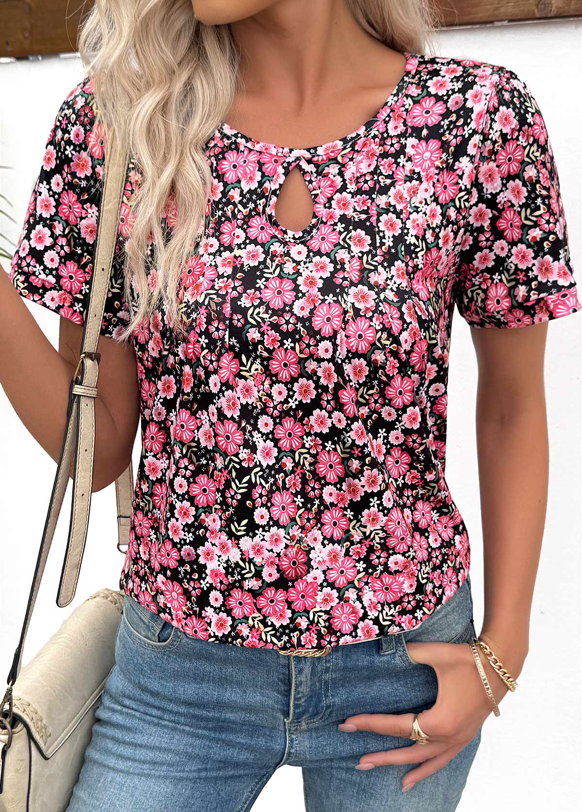 Multi Color Cut Out Ditsy Floral Print T Shirt | picture 