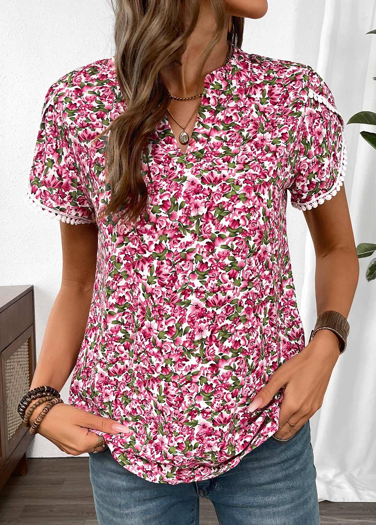 Hot Pink Floral Print Tummy Coverage Short Sleeve Blouse | picture 