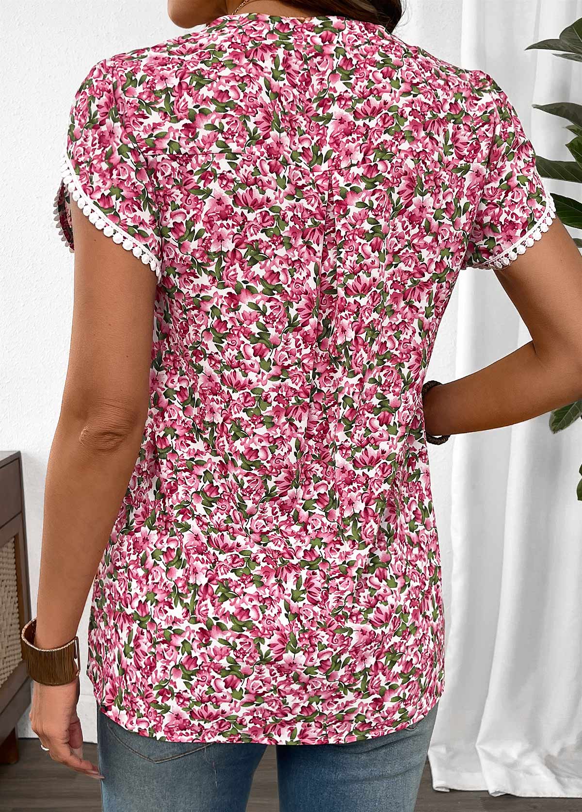 Hot Pink Floral Print Tummy Coverage Short Sleeve Blouse | picture 